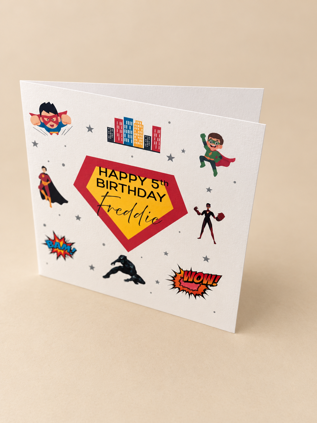 Superhero birthday card angled view