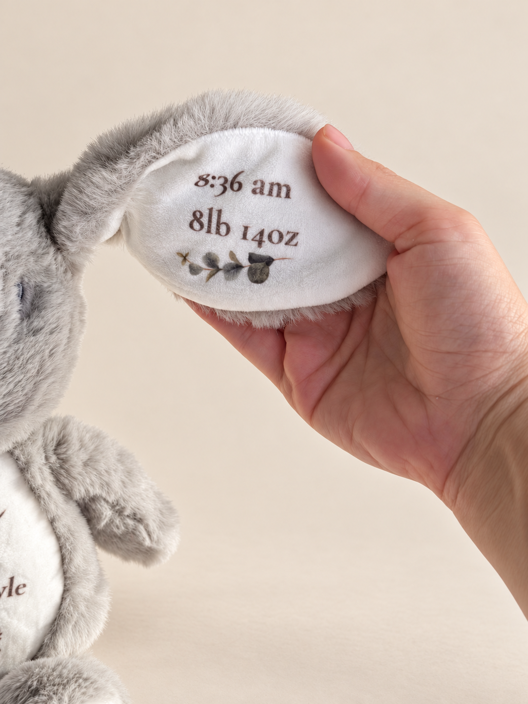 Close up of birth time and weight on bunny ear