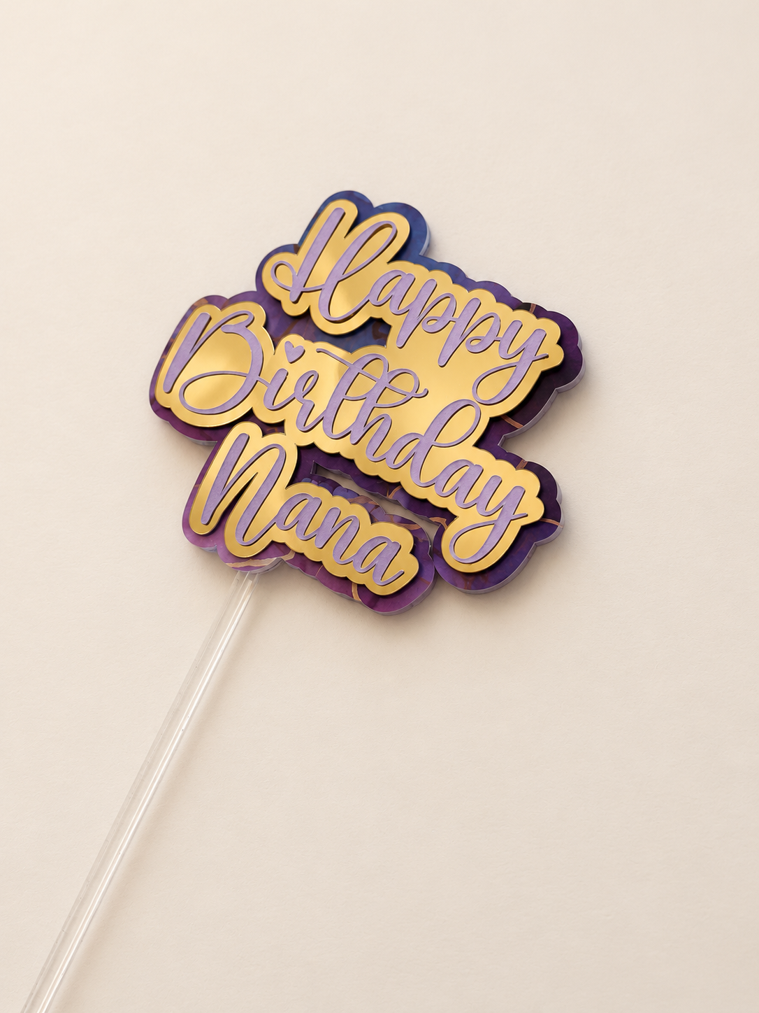 Personalised Happy Birthday Cake Topper | Lilac, Gold Mirror & Purple Marble Layered Script