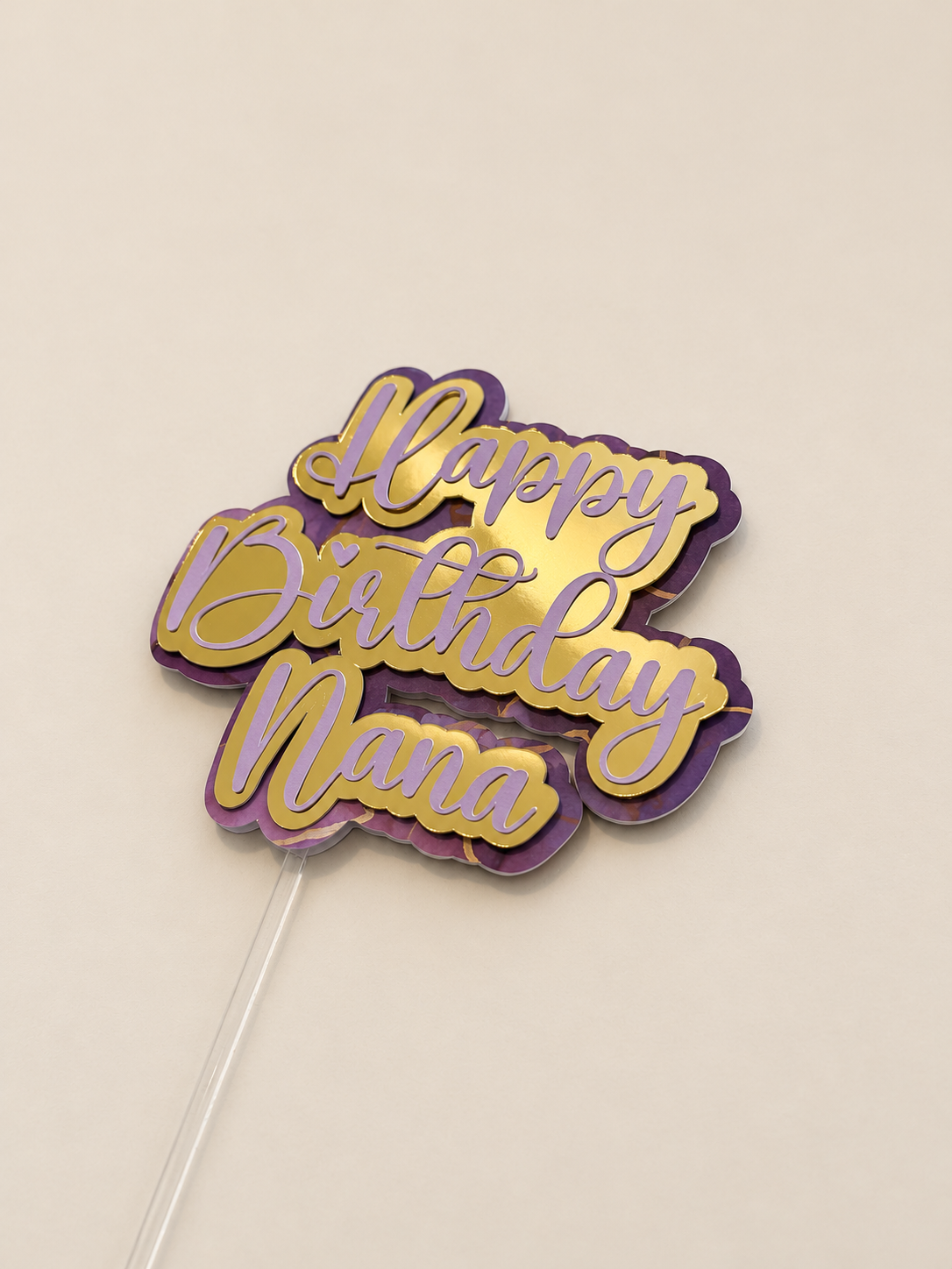 Personalised Happy Birthday Cake Topper | Lilac, Gold Mirror & Purple Marble Layered Script